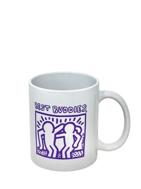 Keith Haring Best Buddies White Ceramic Mug Purple Logo Vintage Collectible Flaw